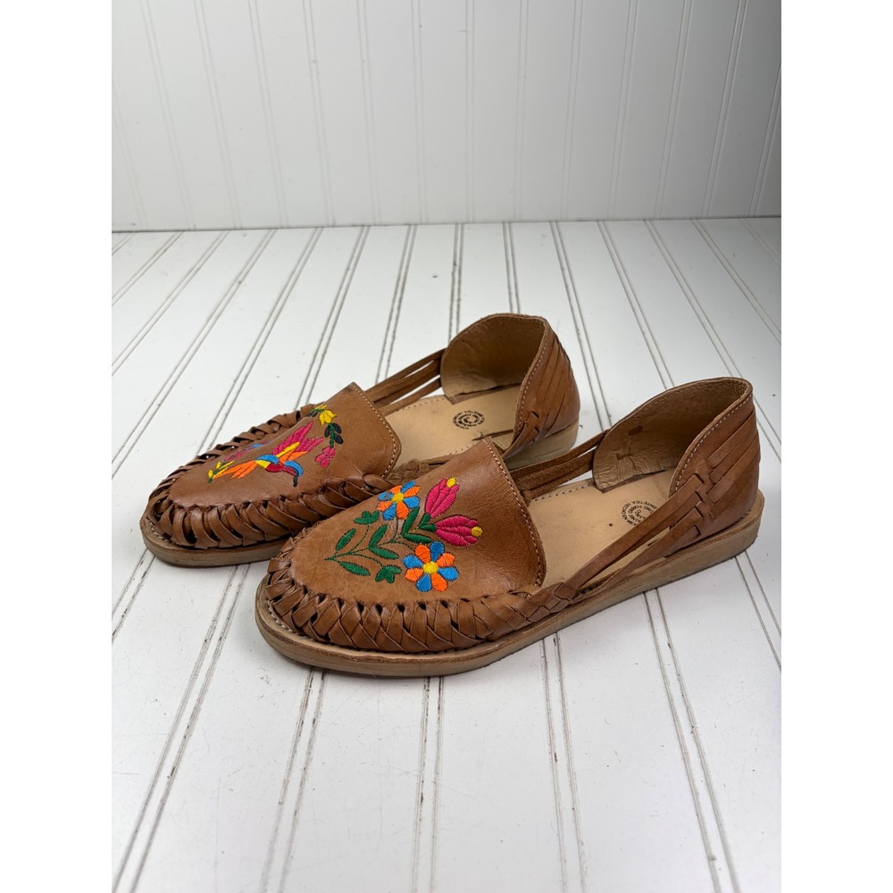 Artisan Mexican Leather Floral Embroidery Comfort Flats Huaraches Women's Size 8 - Picture 3 of 10